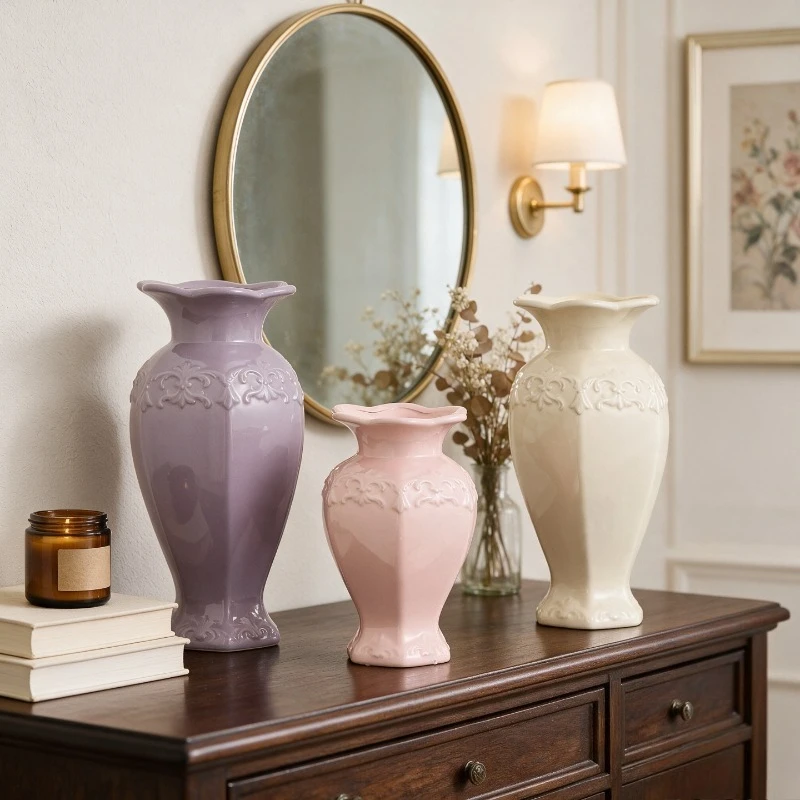 French Baroque Relief Ceramic Vase – Hexagonal Shape with Wavy Rim, Pastel Pink/Lavender/Cream for Vintage Tabletop Display