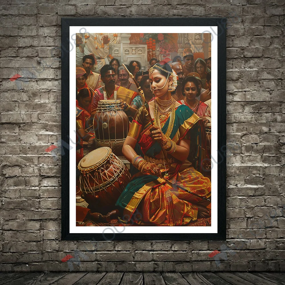 Traditional Indian Dance Art Poster And Print,Tamil Nadu Folk Dance, South India Cultural Artwork Canvas Painting Home Decor