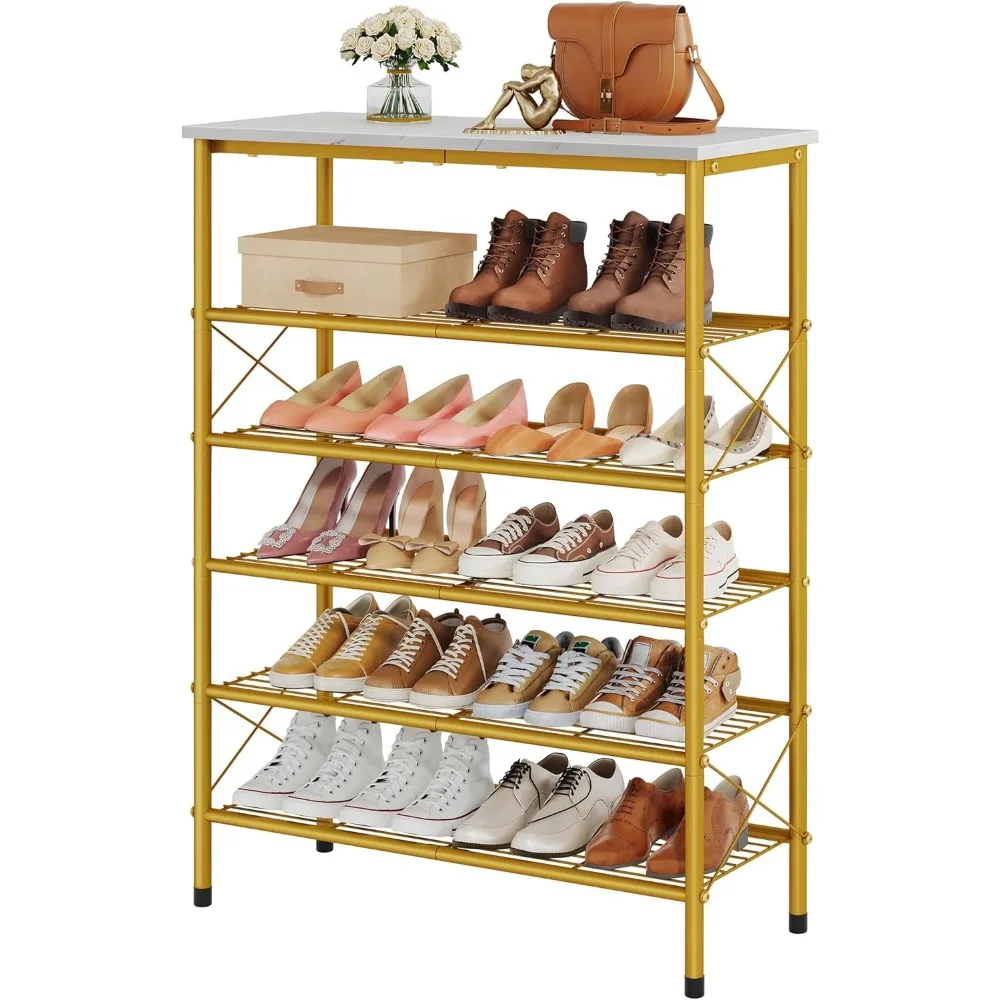 

6-уровневый органайзер для обуви из металлической сетки на 20–24 пары, X-образная рамка, белое и золотое хранилище для прихожей