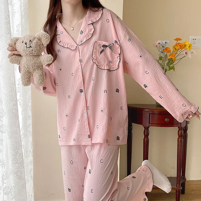 Plus Size Pajama Mujer Cherry Print Sleepwear Set Long Sleeve Top Pants Ruffle Homewear Skin-Friendly Breathable