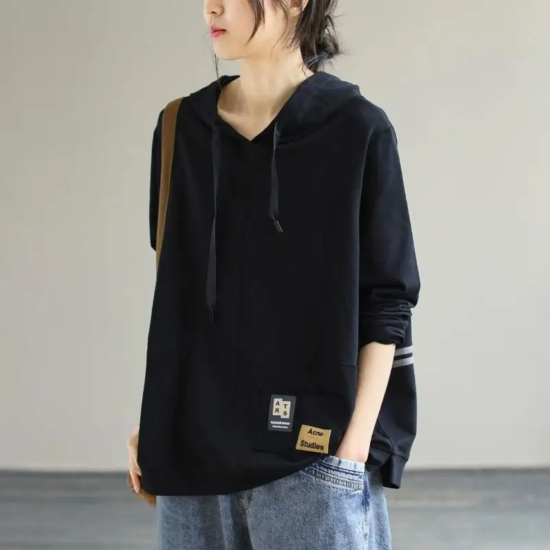 Women's New Style of Hooded Sweatshirt with Artistic Loose Casual Patch Long-sleeved Top