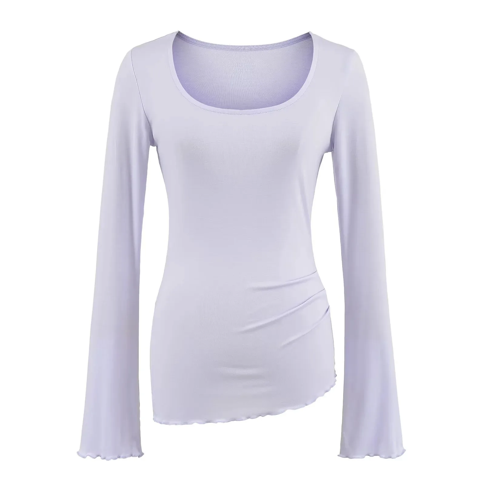 Ultra-soft stretchy Lyocell slim-fit ruched base shirt for women with square neckline waist-cinching long-sleeved T-shirt 116L