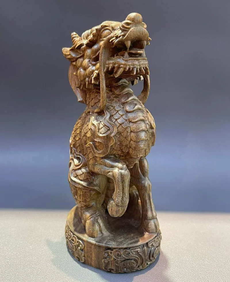 YZ345 - 12.1 x 6.2 x 5 CM Green Sandalwood Carved Figurine: Kylin Baby Dragon