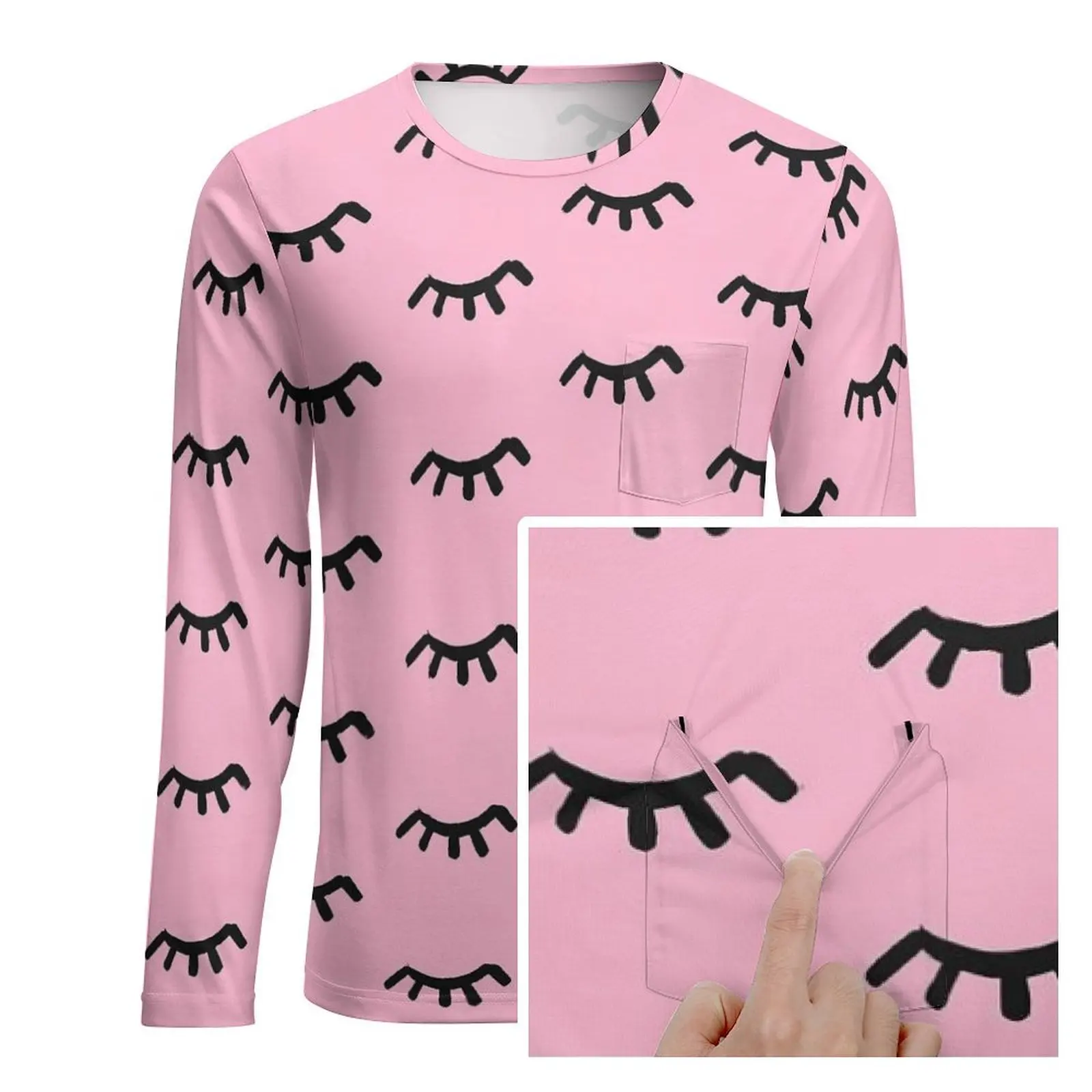 Eyelashes T Shirt With Pocket Cartoon Closed Eyes Vintage T Shirts Man Streetwear Tee Shirt Long Sleeve Graphic Tops Plus Size