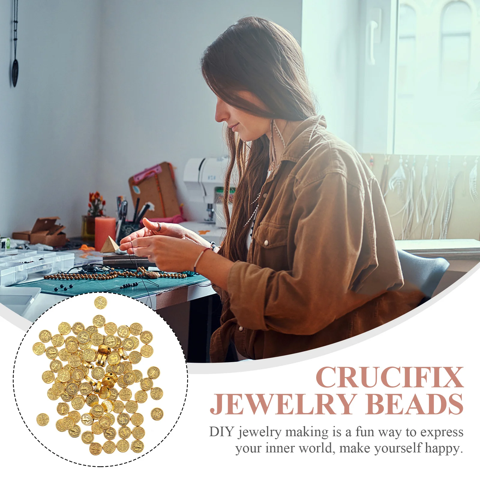 

100pcs Crucifix Jesus Beads Round Alloy Spacer Beads For Diy Jewelry Making Necklace Bracelet Religious Craft Accessories