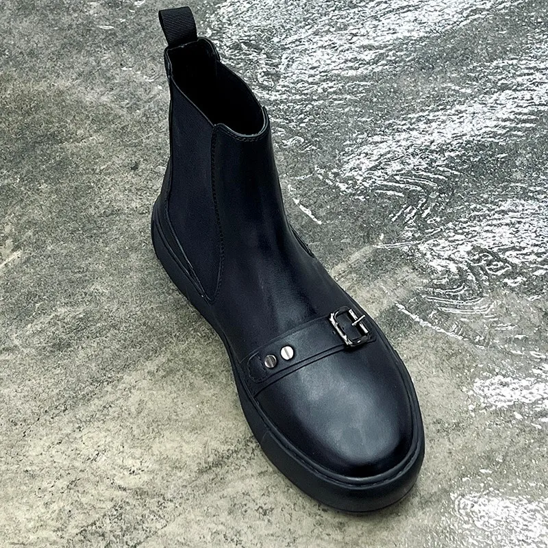 JINIWU 2026 Autumn Winter Men Casual High Top Chelsea Boots Genuine Leather Solid Black Height Increasing Fashion Boots