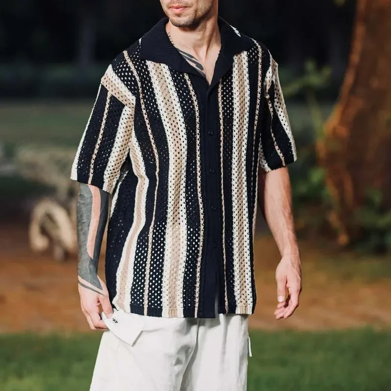 2025 الموضة الأمريكية الجديدة الصيف الربيع الرجال عادية العصرية فضفاضة بدوره إلى أسفل طوق قصيرة الأكمام مخطط قمصان الذكور الملابس بلايز #4