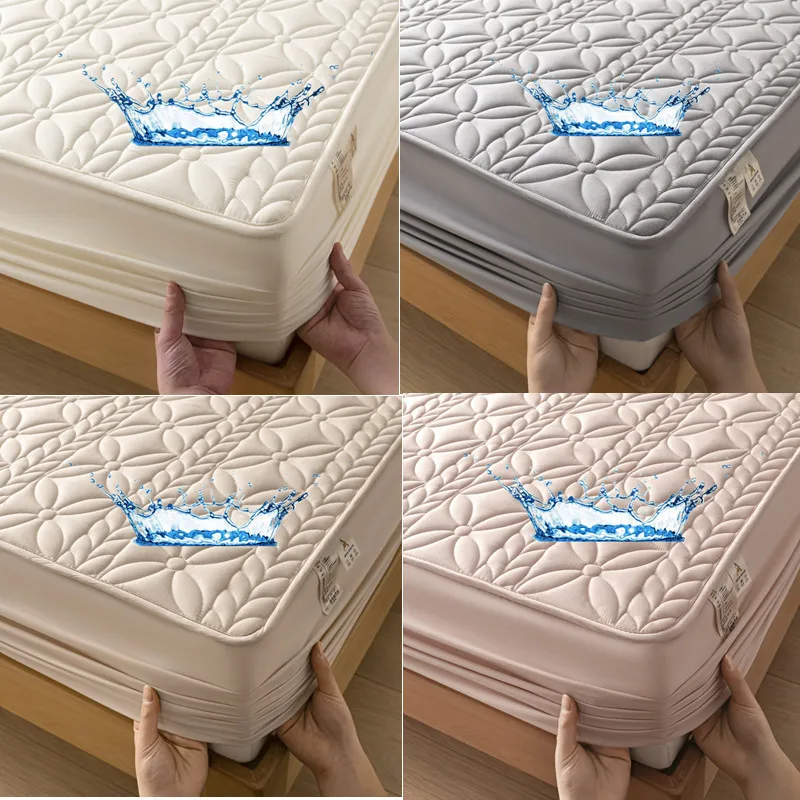 100% Waterproof Fitted Sheet Solid Color Cotton Quilted Embossed Mattress Protector Style Cover for Mattress Soft Pad for Bed