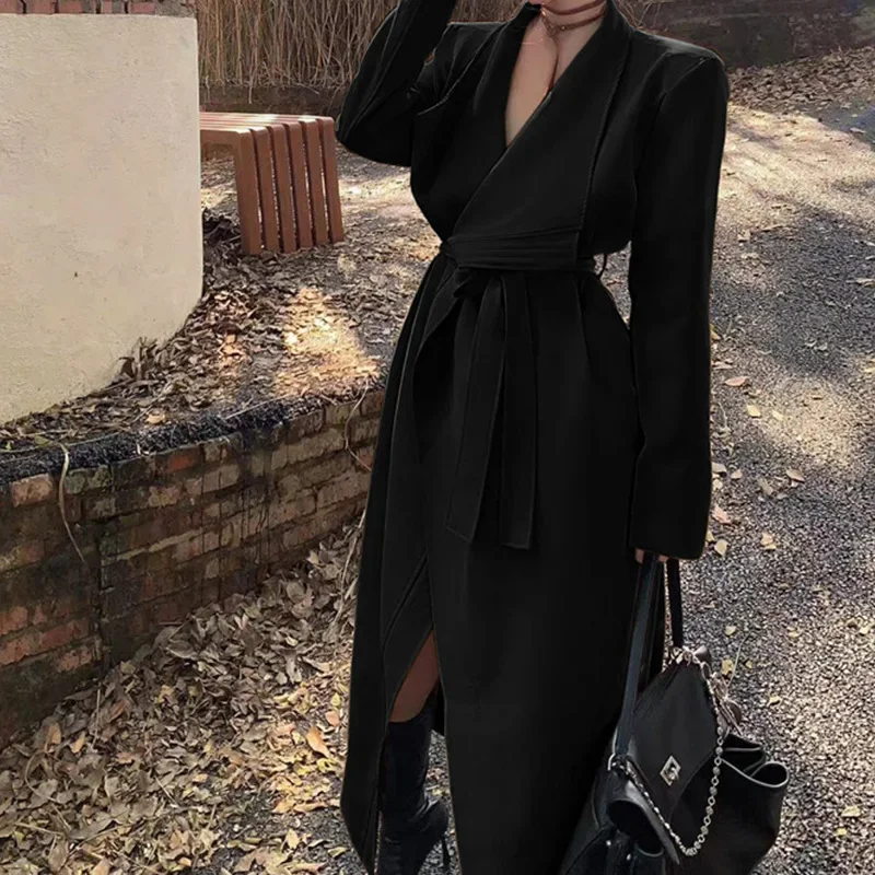

Vintage Black Loose-Fit Medium-Length Elegant Jacket Women's Autumn Korean Style Lapel Overcoat with Belt