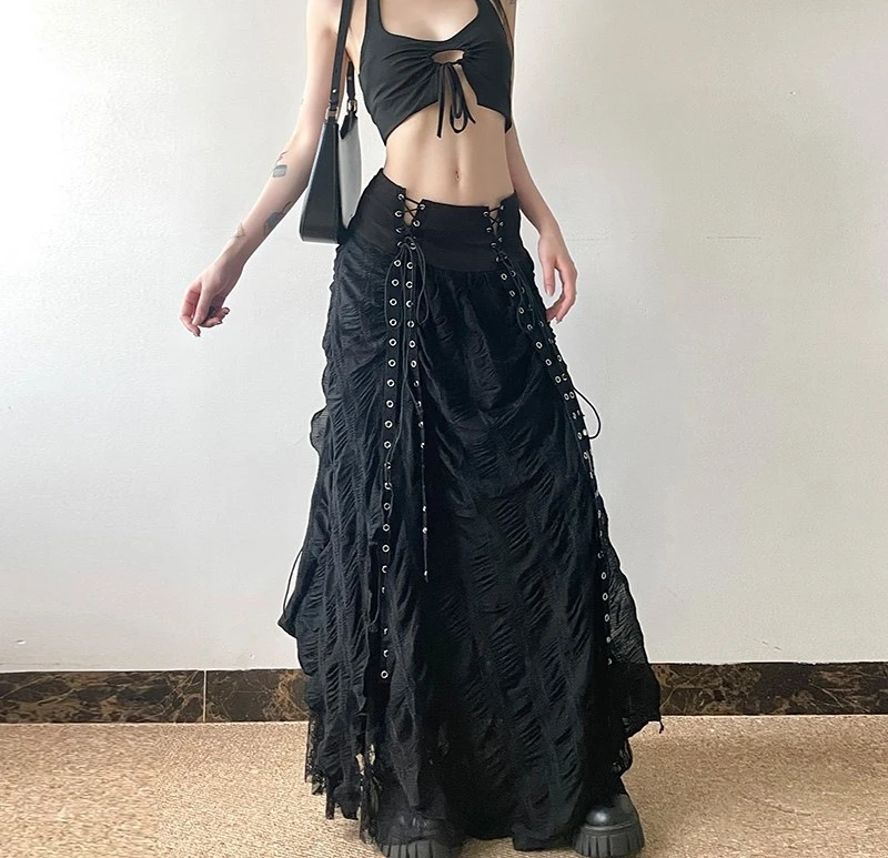 Gonna patchwork con cinturino retrò stile scuro per donna Nuova gonna a trapezio High Street Gonna di media lunghezza