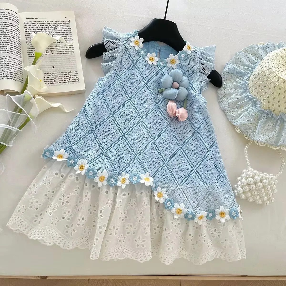 Girls Summer Lace Dress – Flutter Sleeve & 3D Flower Embellished Backless Princess Dress, Korean Style Kids Fashion