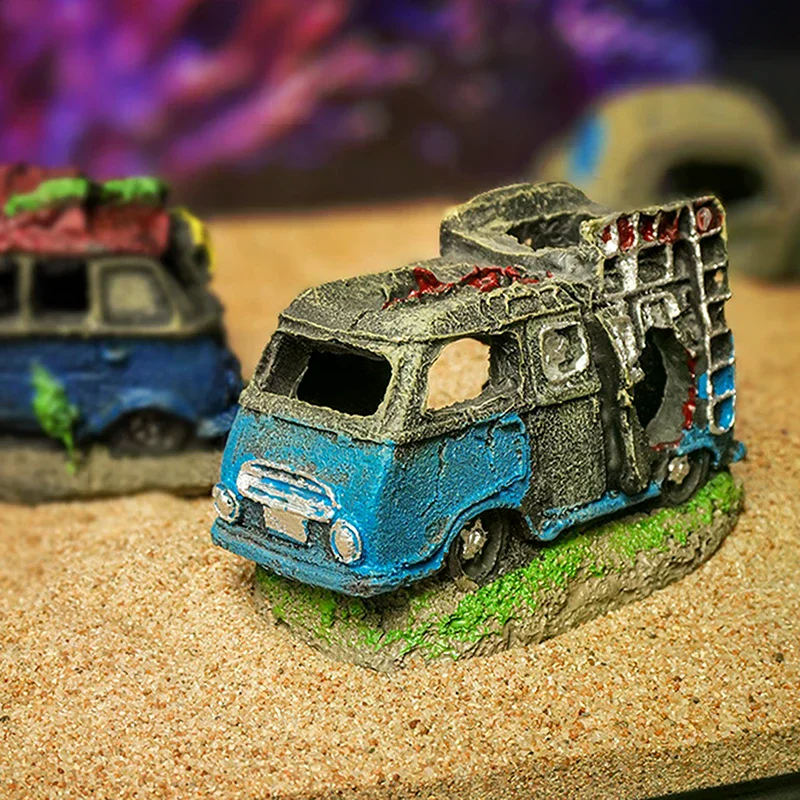 Aquarium Ornament Shaped Like Car Wreckage, Featuring Hiding Holes For Fish And Shrimp, Aquarium Decorations, And Aquascaping.