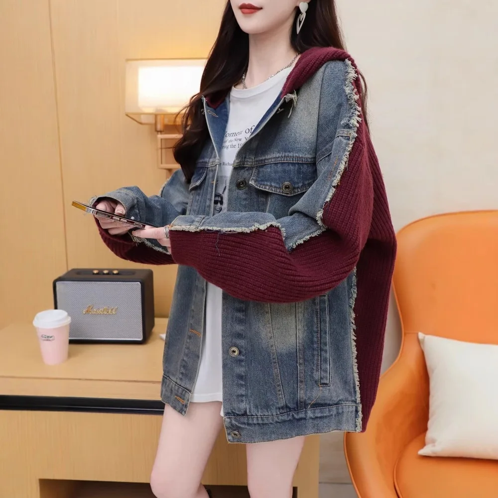 Cardigan Women Sweaters Coats Denim Splice Hooded Jackets Full Sleeve Jumpers Y2k Streetwear Elegant Knit Autumn Winter 2025