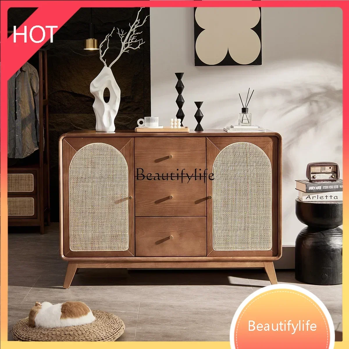 

Стиль NEWРетро из цельного дерева для гостиной, простой шкафчик из ротанга, шкаф для хранения цвета ореха, ss 8617