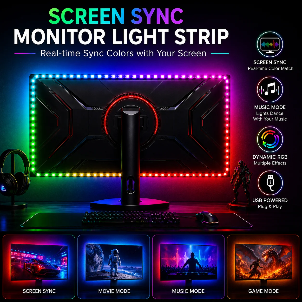 WACUAAO Sync Monitor Backlight for 20-49 inch PC, RGBIC Led Lights for Gaming Setup, Perfect Gifts , Works with Windows and MAC