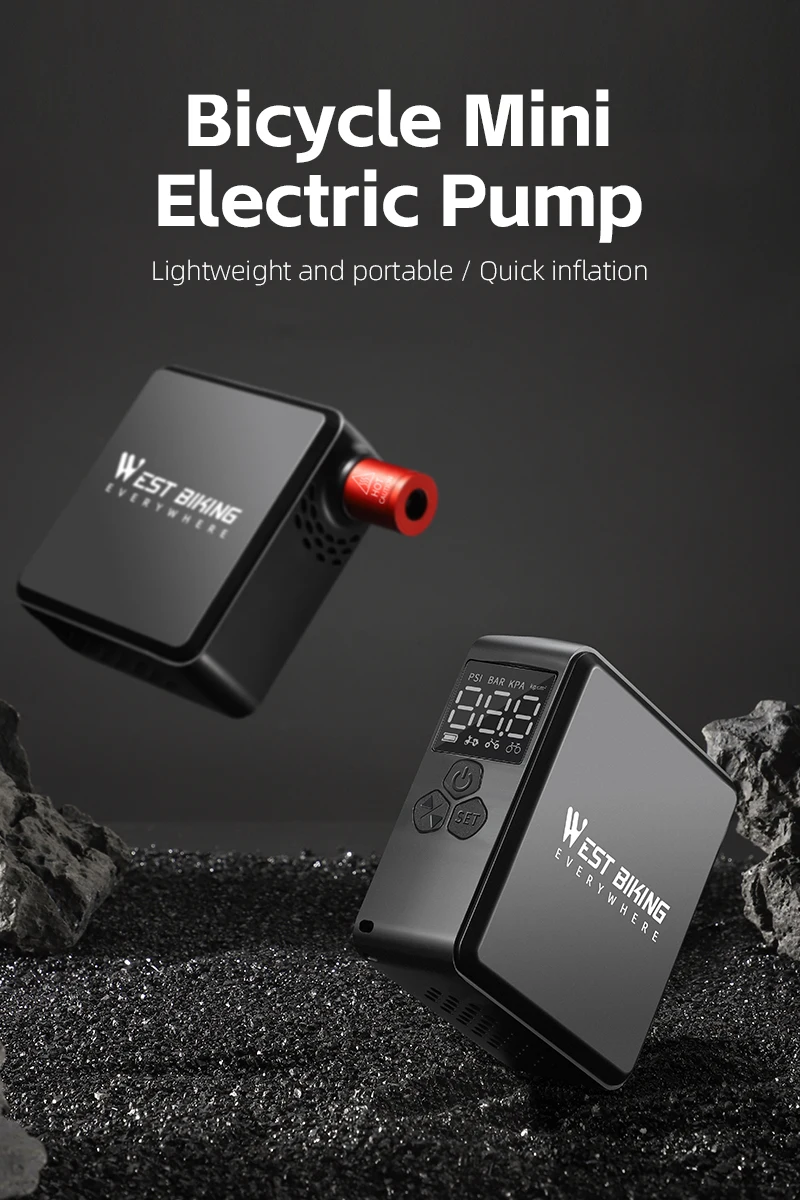 WEST BIKING 150PSI Elektrische Fahrradpumpe, Taschen-Mini-Luftkompressor mit Digitalanzeige für Fahrrad-, Auto- und Motorradreifen, FV AV – Detail 1
