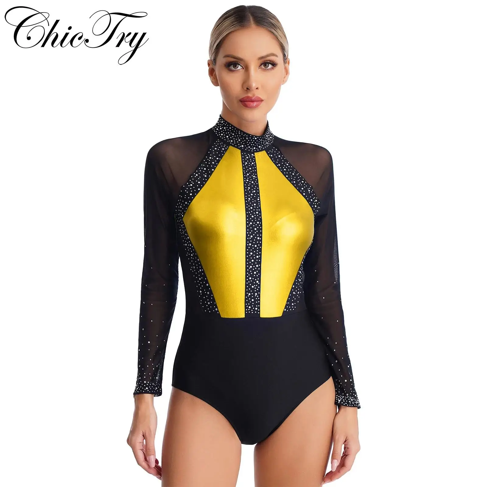 Women's Ballet Dance Leotard Sparkling Rhinestones Mesh Long Sleeve Gymnastics Workout BodySuit Dance or Tumbling Figure Skating