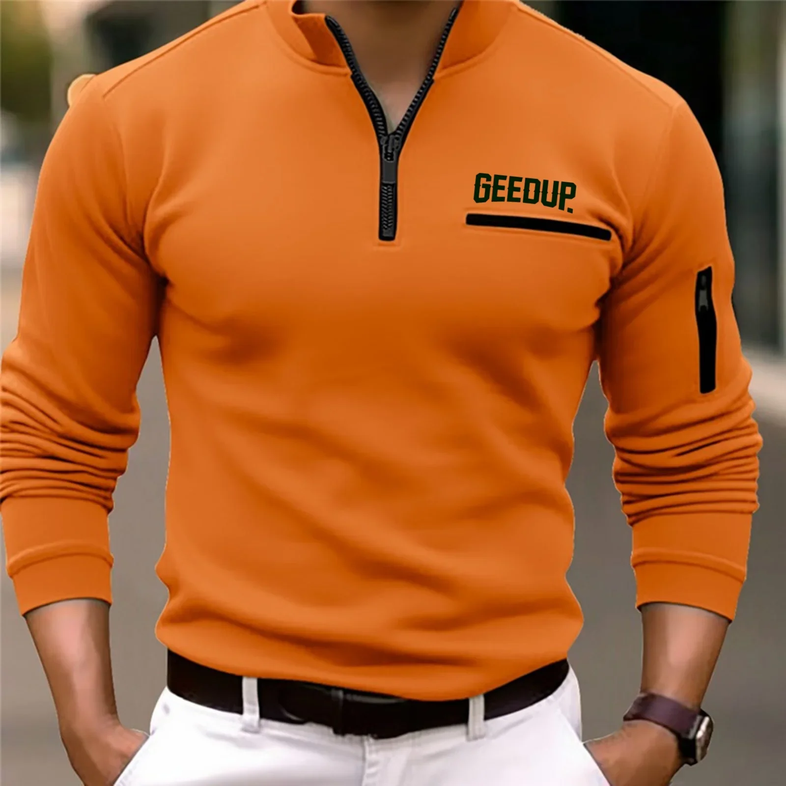

Men's Long-Sleeved Casual Sports Polo Shirt Spring Autumn Comfortable Printed T-Shirt with Arm Zipper Pocket Fashion Top