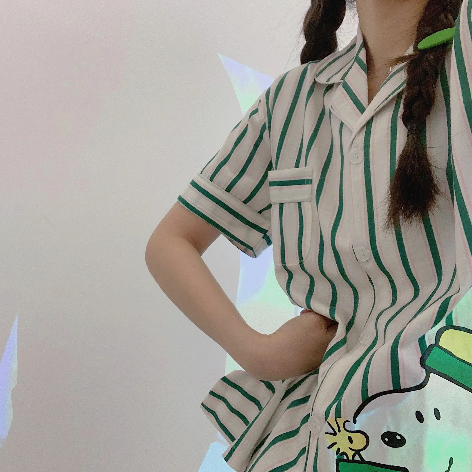 Anime Women's Snoopy Pajama Set 2Pcs Summer Green Striped Short Sleeve Shirt + Shorts Cartoon Print Fashion Sleepwear Homewear