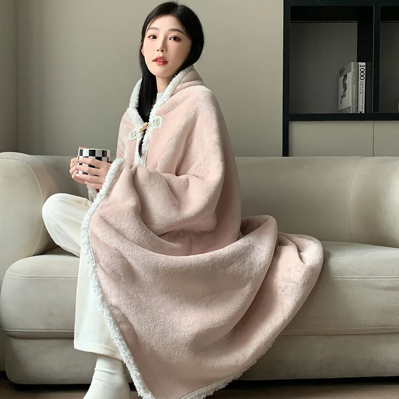 125X160Cm Flannel To Sherpa Solid Shawls Thickened Wearable Hooded Blanket Cloak Super Soft Skin-Friendly Office Sofa Blanket
