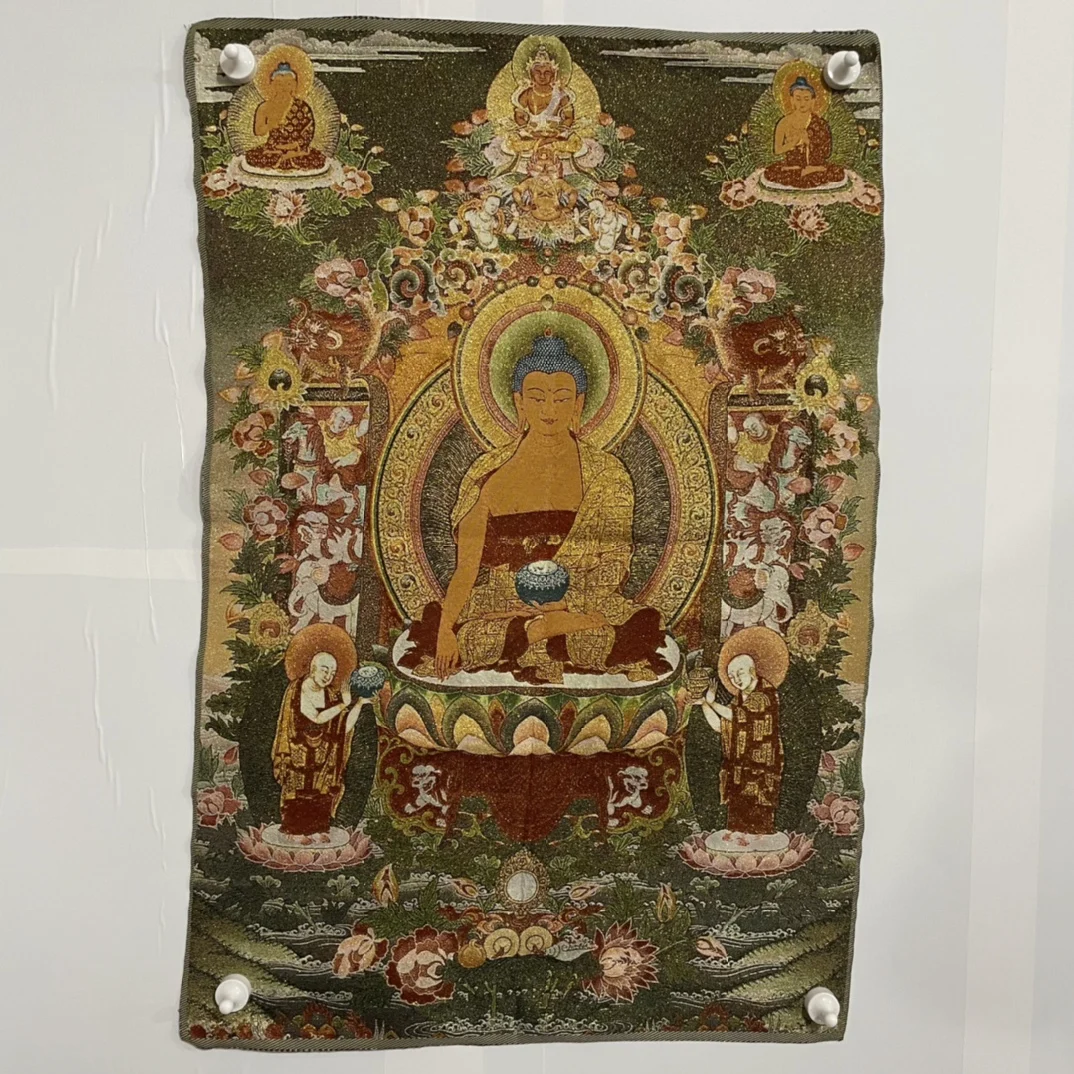 

35"Thangka Embroidery Tibetan Buddhism silk Brocade Shakyamuni Around Amitabha Buddha Thangka hanging screen Worship Hall