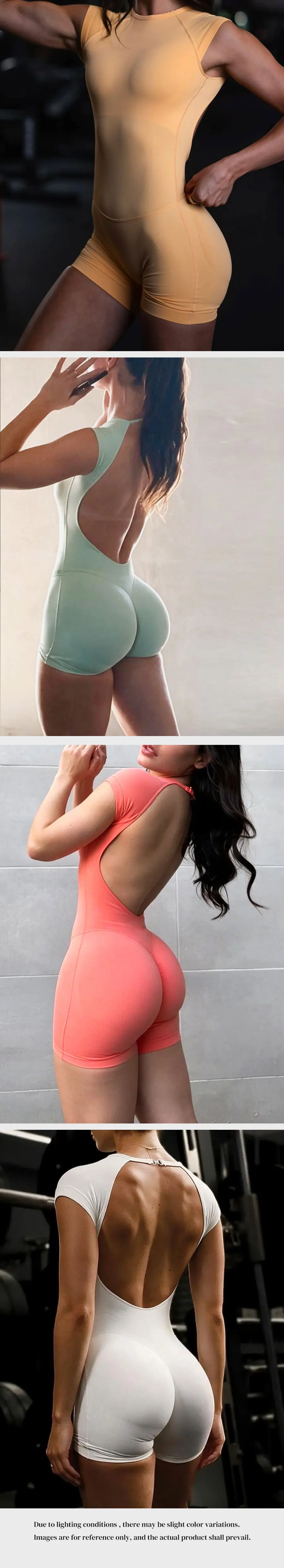 Ohne Logo, einteiliger, kurzärmeliger Jumpsuit, Fitnesskleidung, hochelastischer, gepolsterter, rückenfreier Bodysuit, Fitnesskleidung, Pilates-Bekleidung – Detail 4