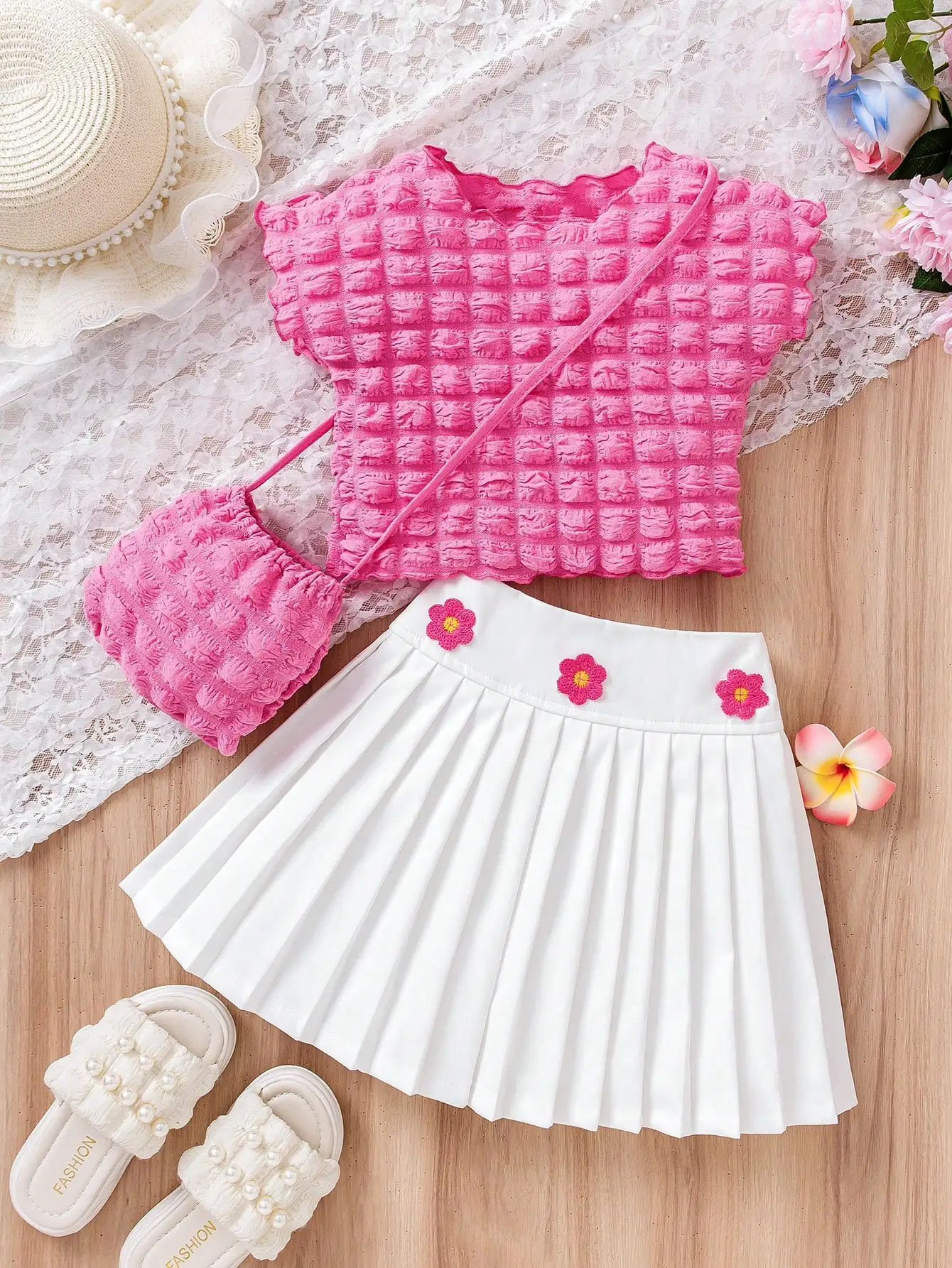 

Korean Girl's Bubble Sleeve Set:Hot Pink Top 3D Floral Skirt w/ Matching Bag. Floral Waist. For Daily, Party, Beach, Photos.