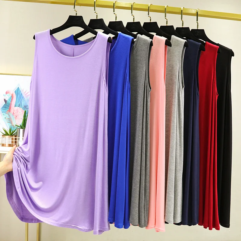 Loose round Neck Midi Modal Vest Dress Women's All-Match Casual Home A-Line Skirt Pure Color Overhead Sleep Dress Summer