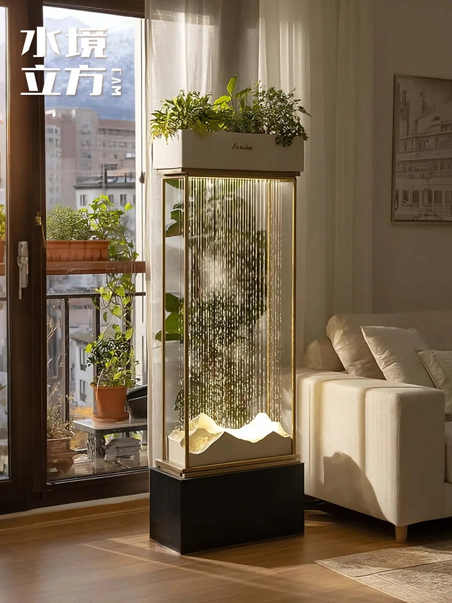 Water border cubic stainless steel light stand, living room balcony landscaping landscape floor-to-ceiling water feature flower