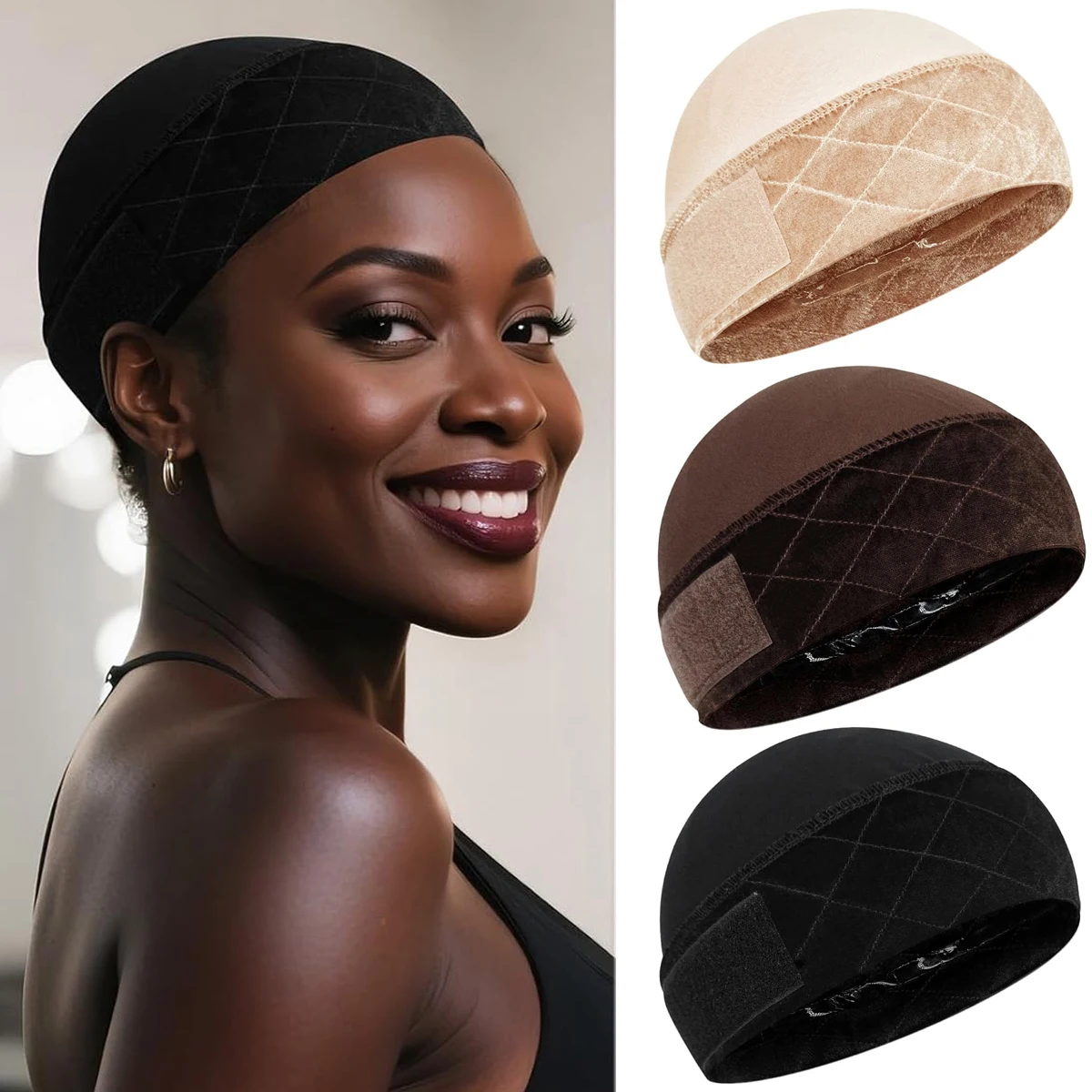 

Черная велюровая шапочка-фиксатор для париков, 1 шт., регулируемая, с вентиляцией, для женщин, комфортная