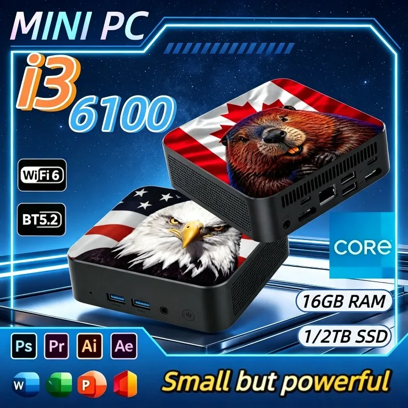 New 2026 USA Canada Flag Compact Mini PC with Core i3-6100, 16GB DDR4, 2TB SSD, 4K UHD, WiFi6, BT5.2,  for Study Purpose.