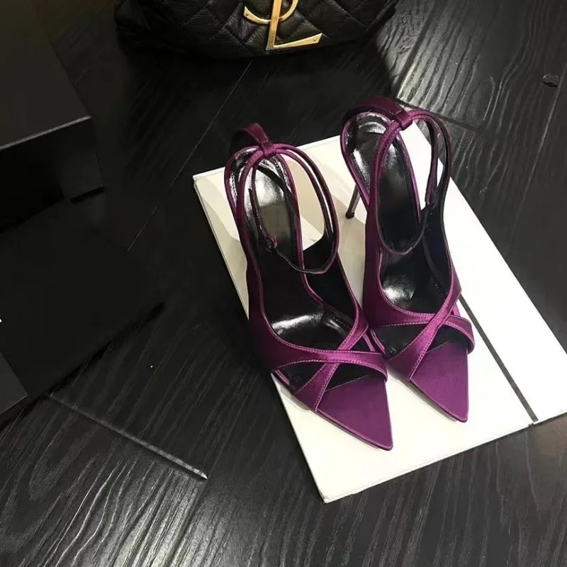 2023 Sexy Peep Toe Satin Sandals Fashion High Heels Party Shoes Ankle Strap Gladiator Stiletto Runway Yellow Shoes For Women