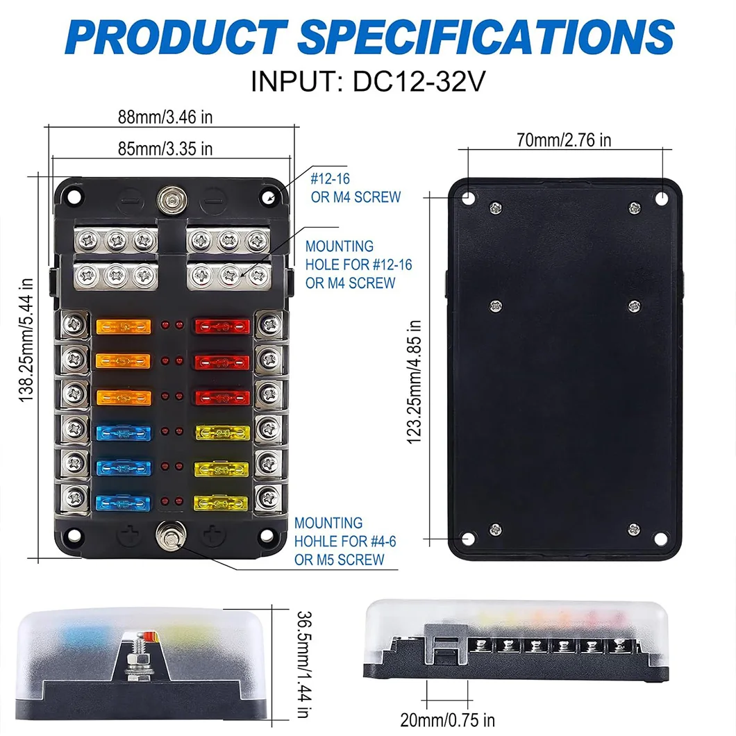 Blocco scatola portafusibili a lama 12V 6 a 12 vie con copertura protettiva impermeabile a LED e etichetta adesiva per camper per auto automobilistiche