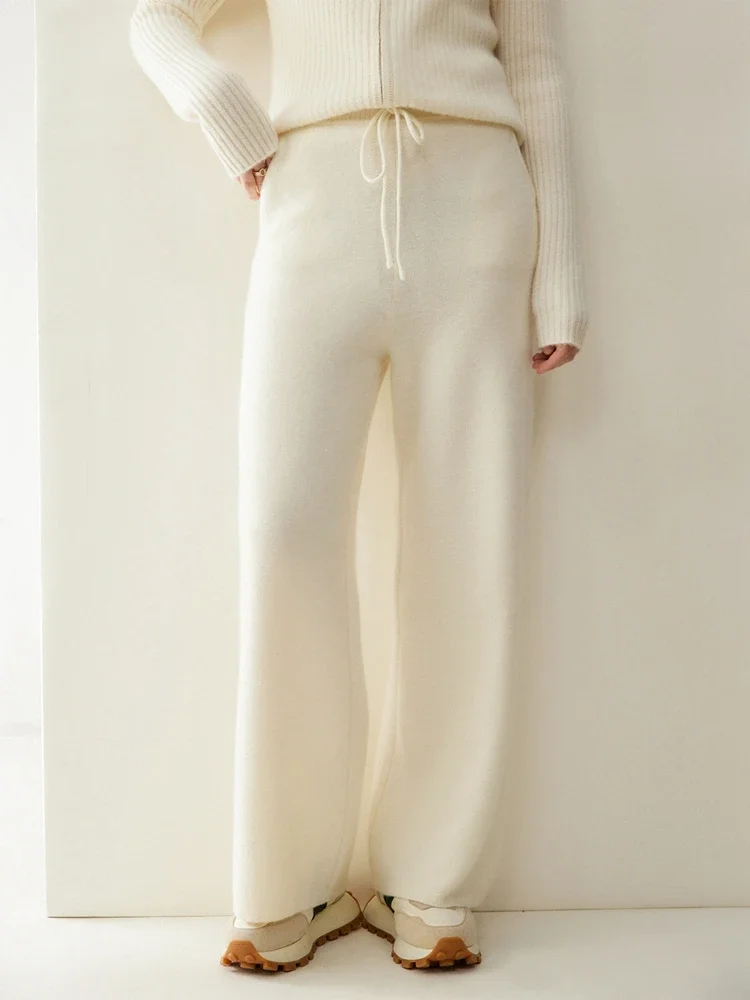 Tcyeek Women's Straight Pants 100% Cashmere Pants Autumn Winter Trousers Thicked Warm Trousers Elastic Knit Office Lady Bottom