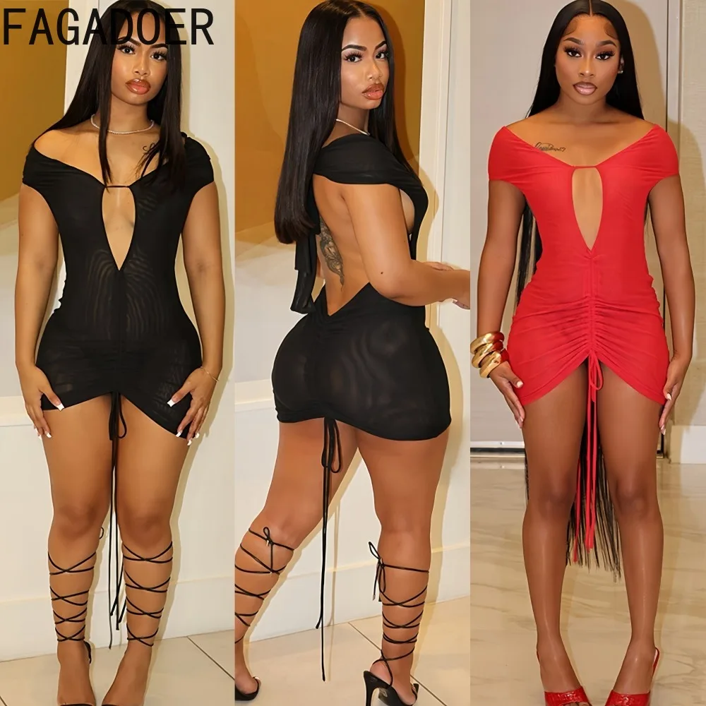 

FAGADOER Sexy Mesh Bodycon Mini Dresses Women Off Showlder Hollow-out Ruched Patchwork Dress Female Streetwear Vestidos 2025 New