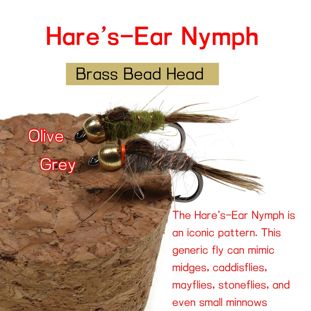 ICERIO 6PCS #14 Olive Grey Brass Bead Hare\'s Ear Nymph Trout Fishing Wet Fly Artifical Lure Bait