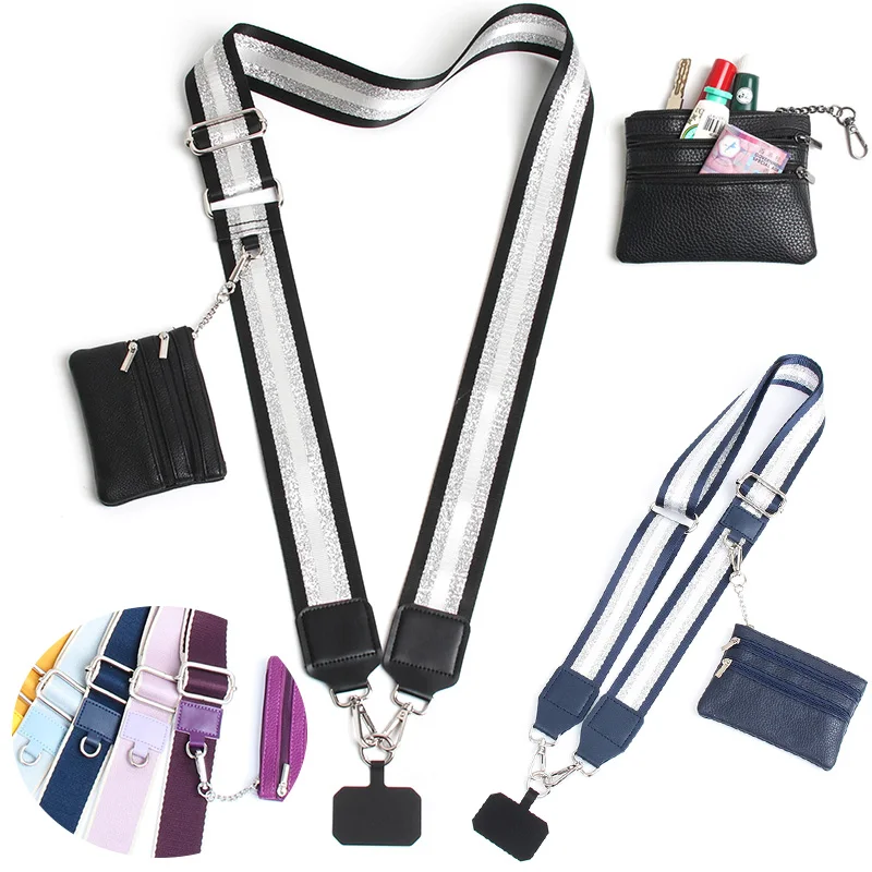 

Mobile Phone Lanyard Strap with Silver Buckle Adjustable Anti-lost Phone Case Pendant with Zippered Wallet Phone Acessories