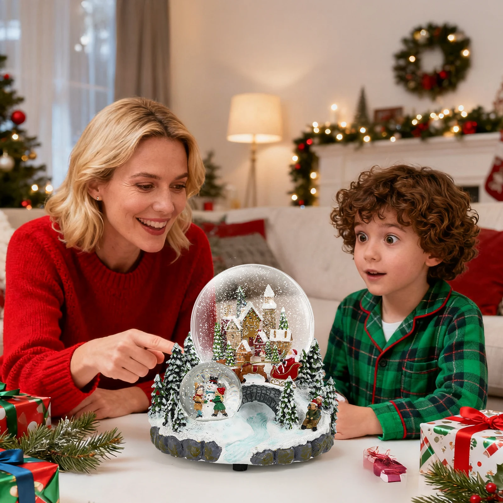 

Christmas Snow Globe Featuring Music, Skiing,Santa, Snowman Making, and a Detailed Holiday House Setting