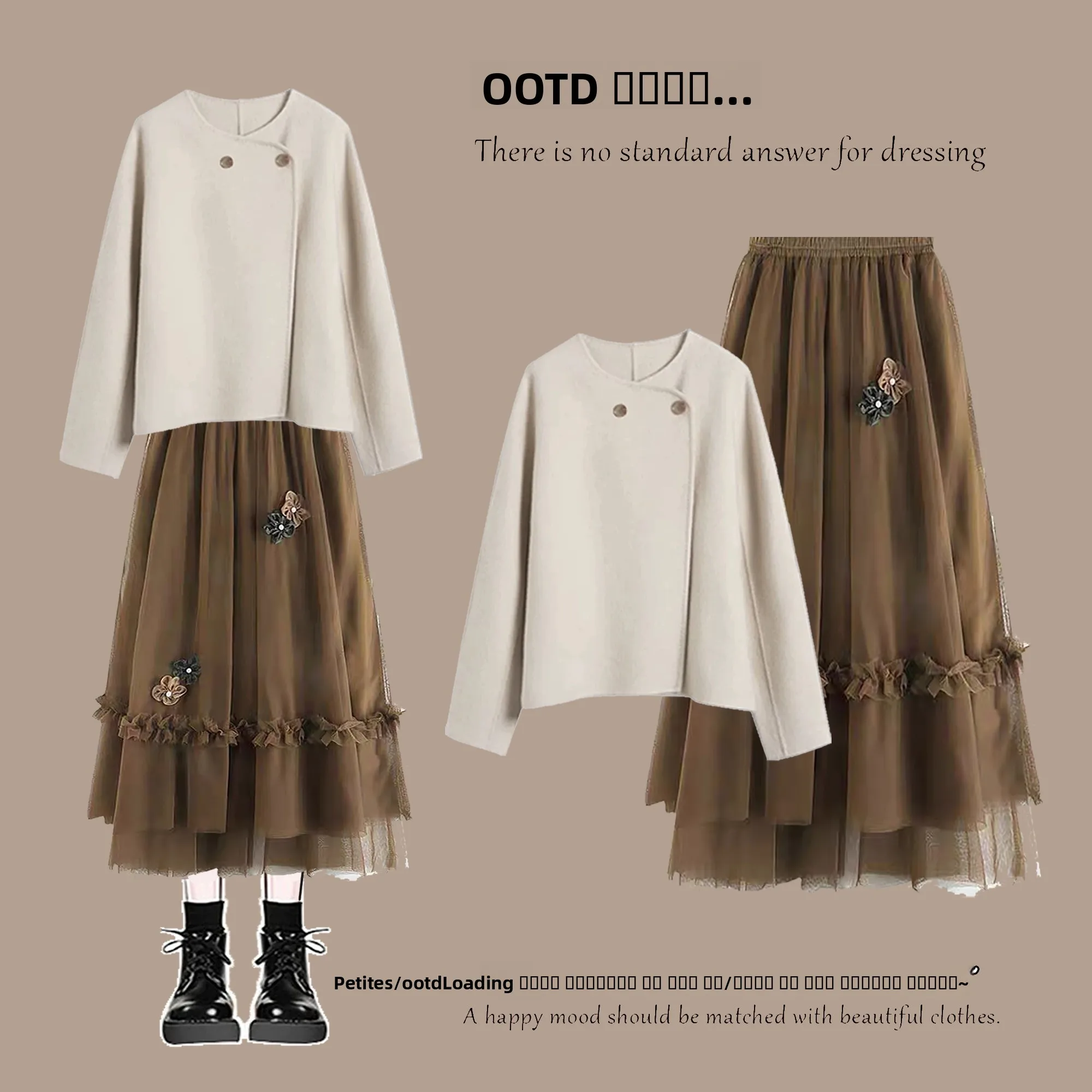 

Loose round Ne Me Skirt Set Double Buttoned Korean Sle Spring Faion Outerwear Top High Waist f Body Skirt Ensemble