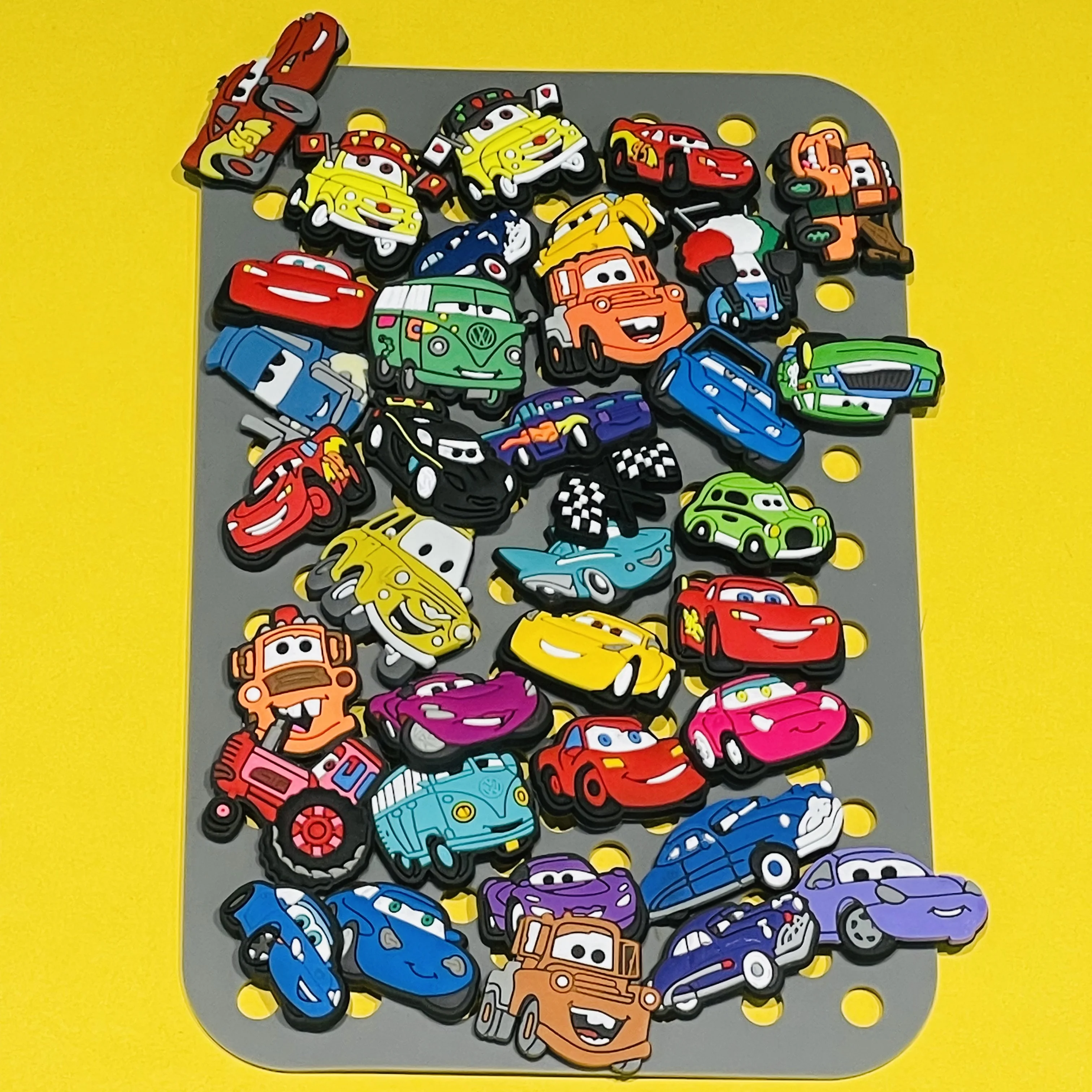 Hot Sales 1-36pcs Cars Lightning McQueen Shoes Charms Accessories Miniso Boys Girls Bracelet Ornament Fit Birthday Gifts