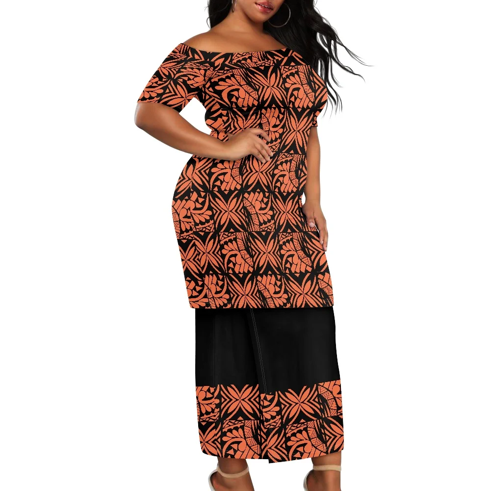 Summer Islander Women Puletasi Samoa Elegant Dresses Lady Short Sleeve Off shoulder Two Piece Set Polynesian Tribal Clothing