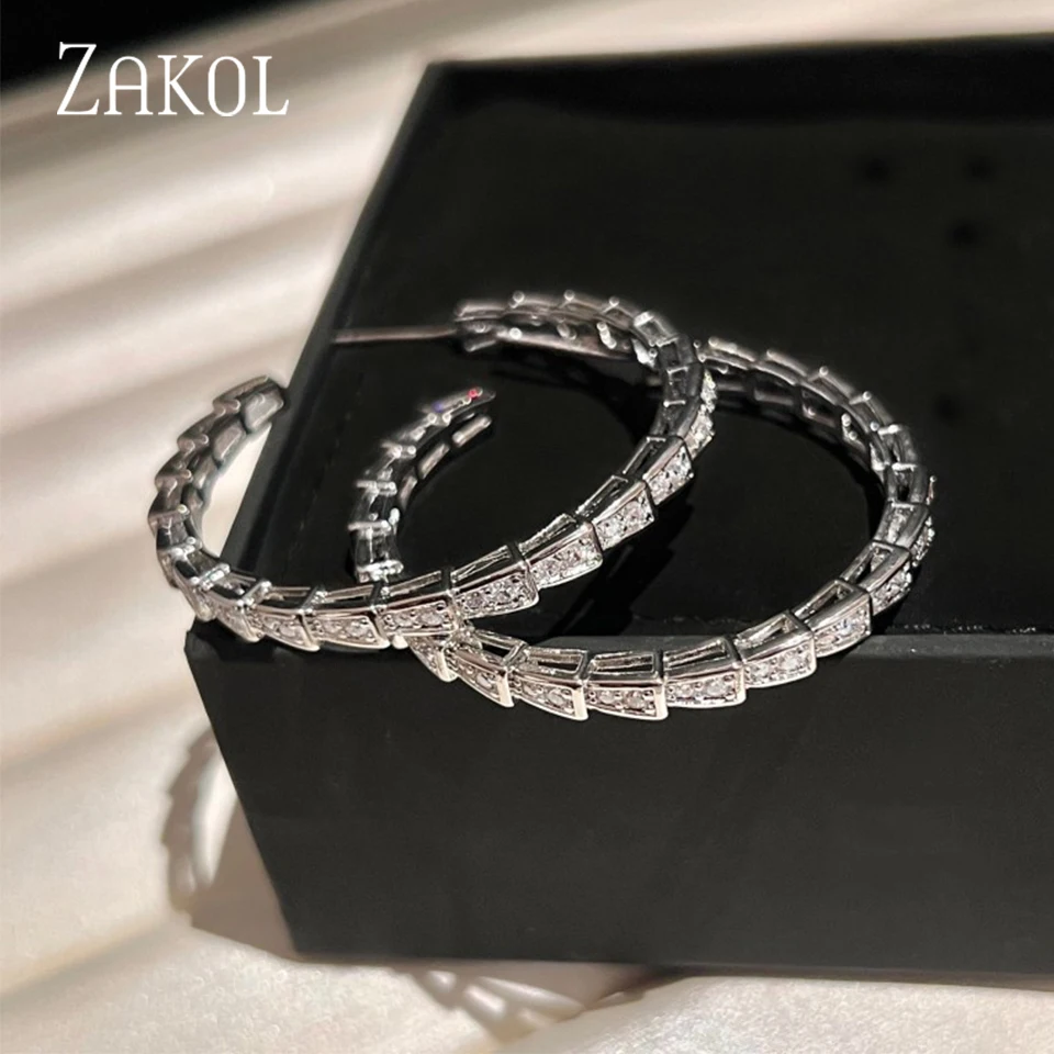 ZAKOL Luxury Shiny Zircon CC Shape Big Hoop Earrings for Women New Trendy Glamor Wedding Jewelry Ear Accessories