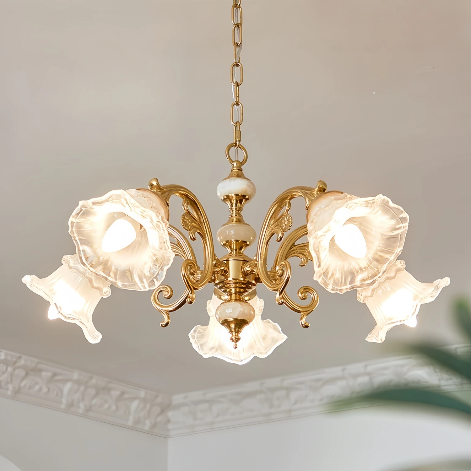 

French Glass Flower Pendant Light Gold Chandelier For Living Room Bedroom Dining Room Study Mediterranean Style Pendant Lamp