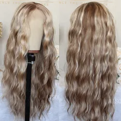 Peluca de encaje sintético de onda Natural para mujer, pelo largo ondulado predespuntado, 13x4, Rubio resaltado