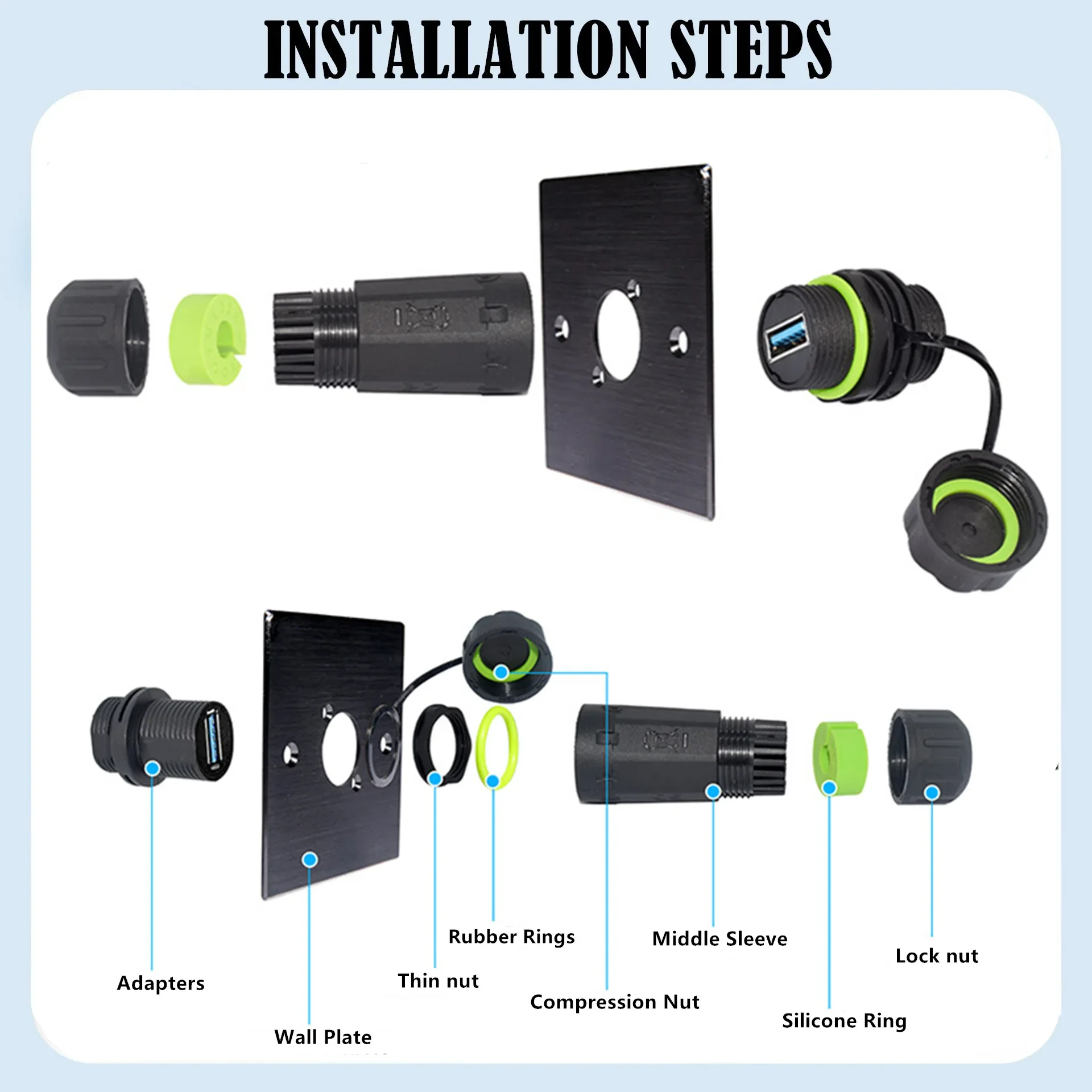 5Gpbs USB 3.0 Female to Female Panel Mount Coupler Outdoor Waterproof USB Pass Through Adapter