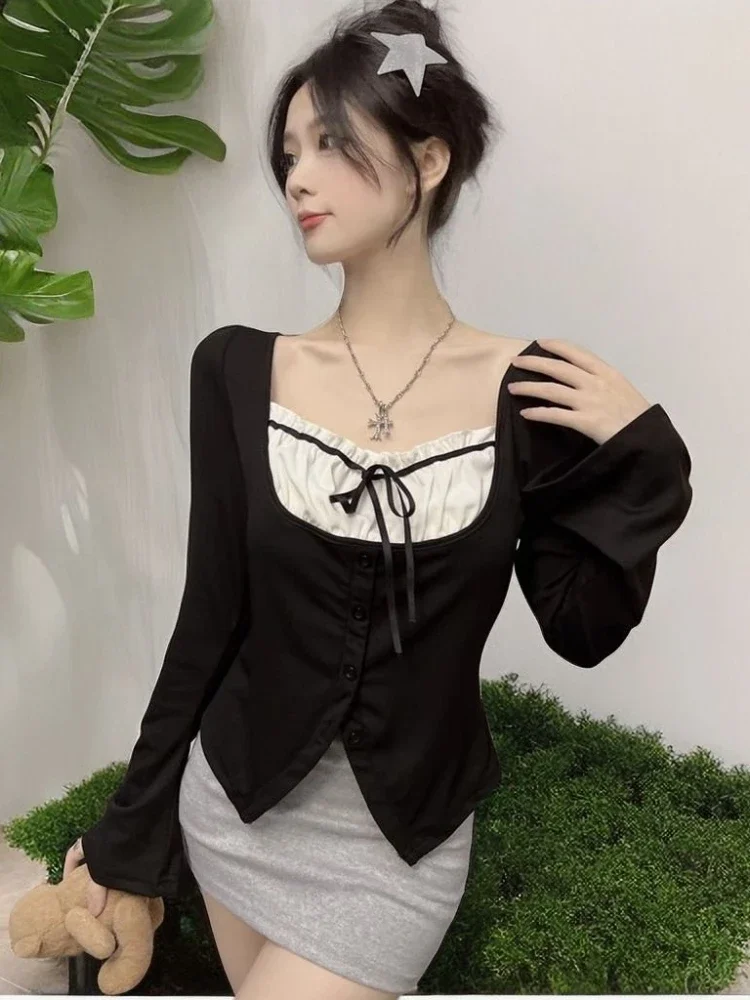 Deeptown Y2k Coquette Sexy Kawaii Maid T Shirt Women Sweet Girls Lace Long Sleeve Korean Style Kpop Slim Tees Tops 2024 Spring