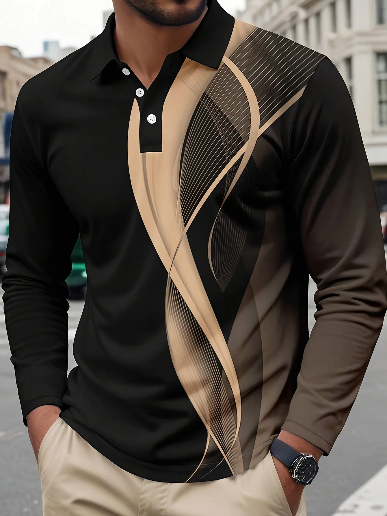 

2025 Fashion Men's Geometic Print Business Polo Long Sleeve Polo Shirts Athleisure Daily Wear 3D Prints Breathable Buttons Tops