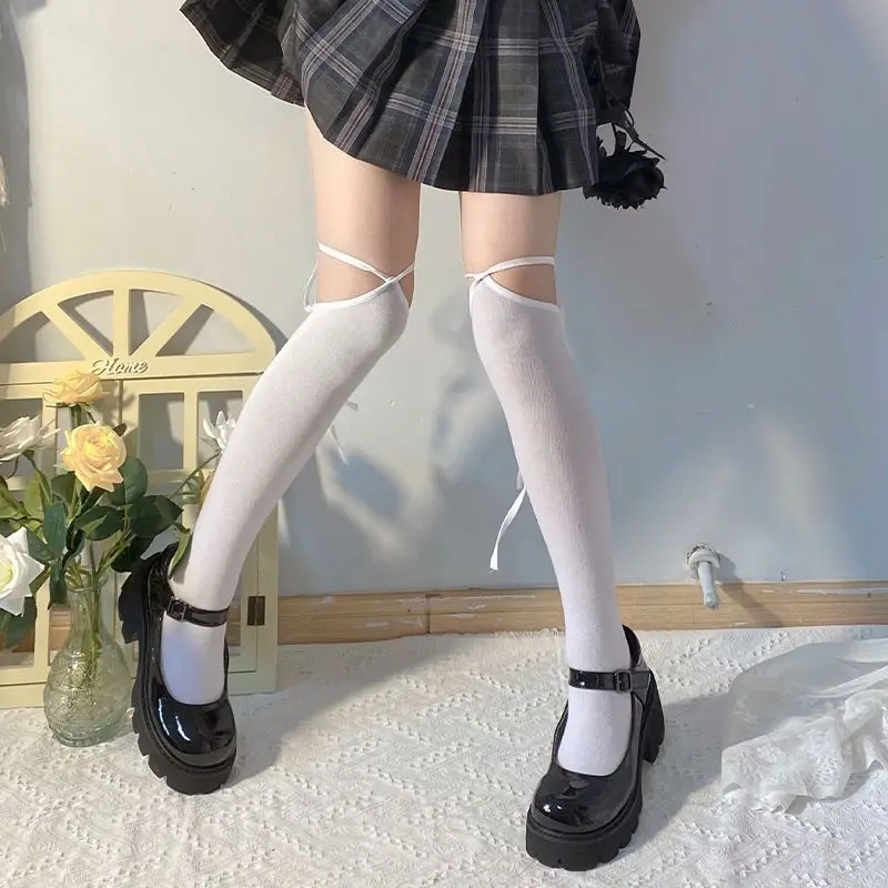 Lolicon Thigh Tight Socks Girls Thigh-high Socks with Crossed Straps Lolita Velvet Longer Style Stockings Summer Thin Hosiery