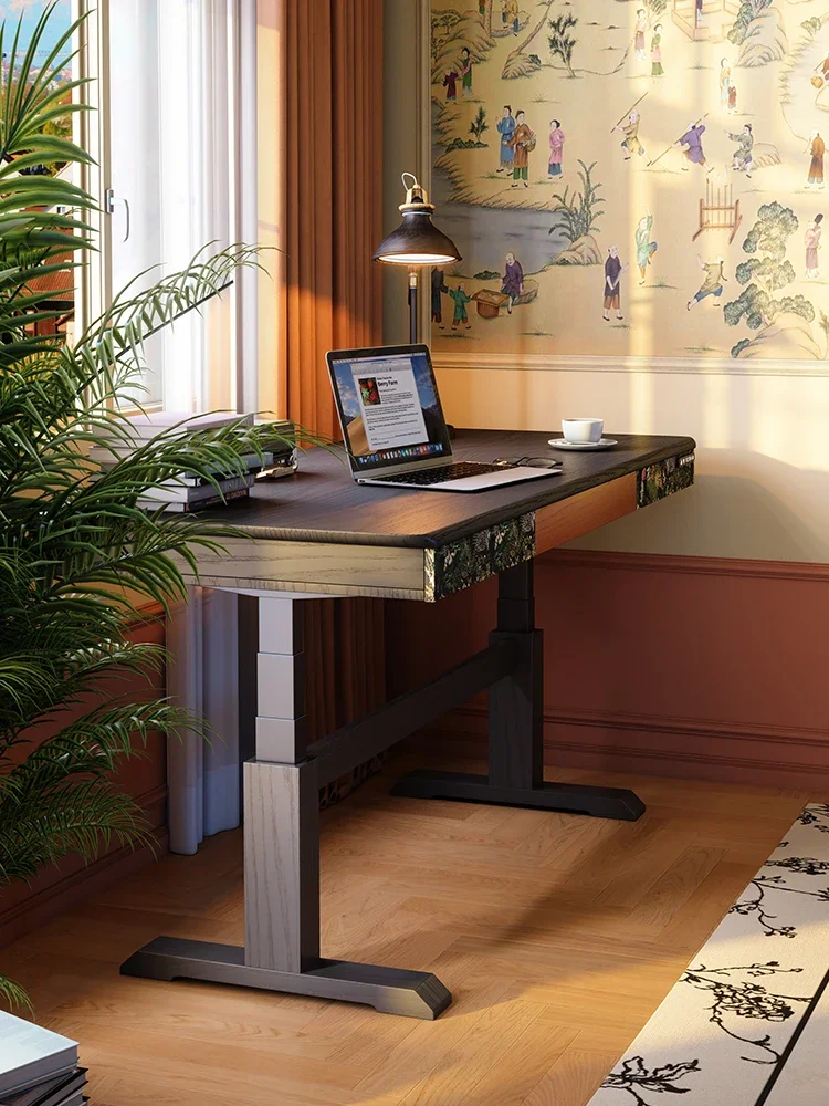 Electric lifting table French retro home solid wood desk