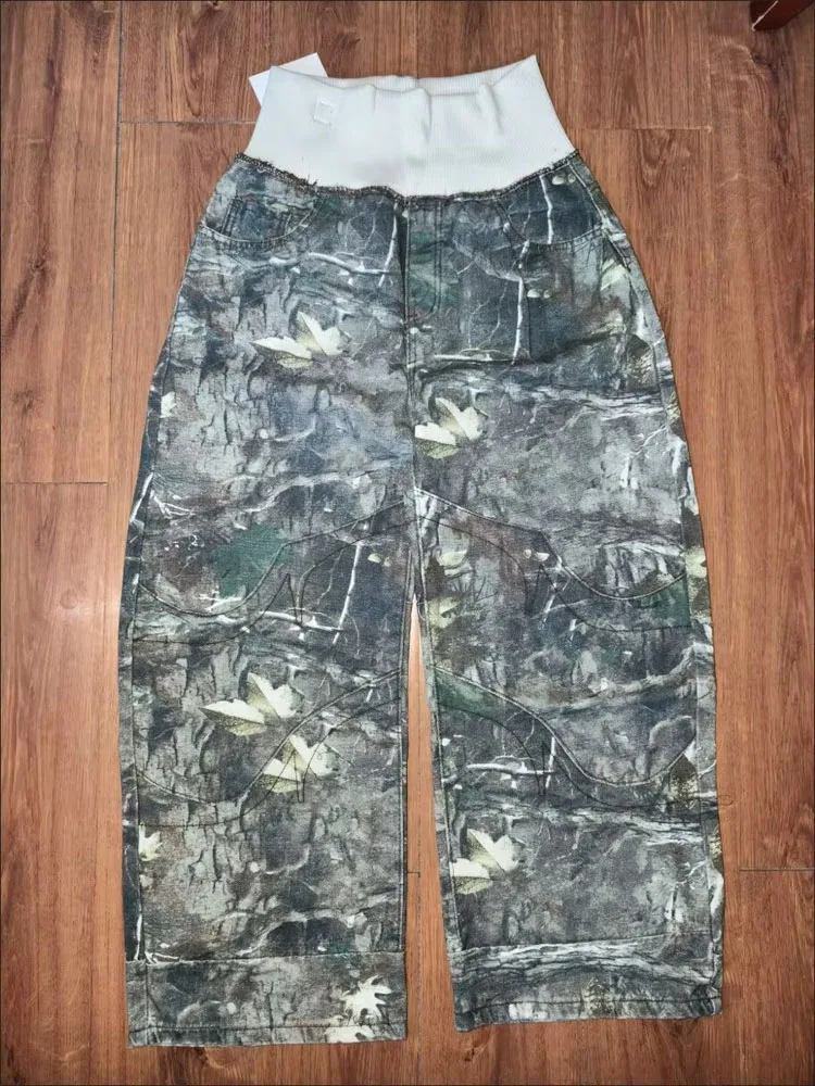 High Quality American Retro Camouflage Straight Leg Women's Jeans High Waist Loose Drapey Wide Leg Pants 2026 Summer New Street